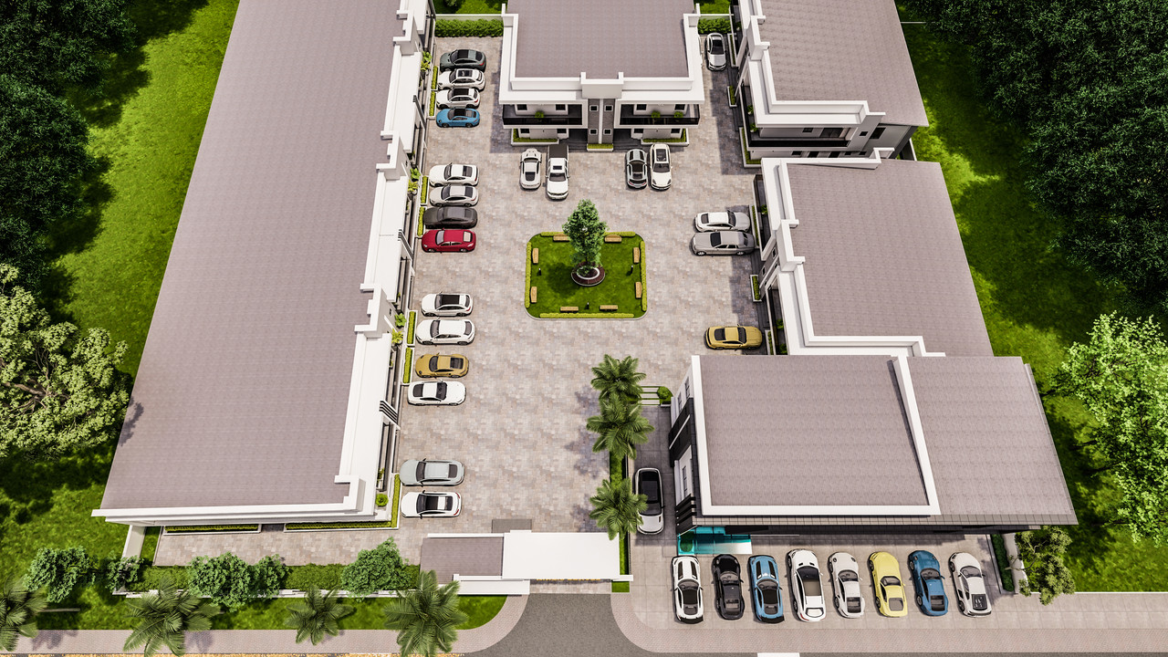 The King's Square masterplan — 13 homes, plaza and central courtyard.