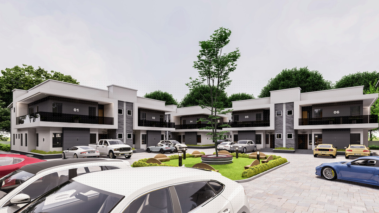 Shared green setting between the semi detached homes.